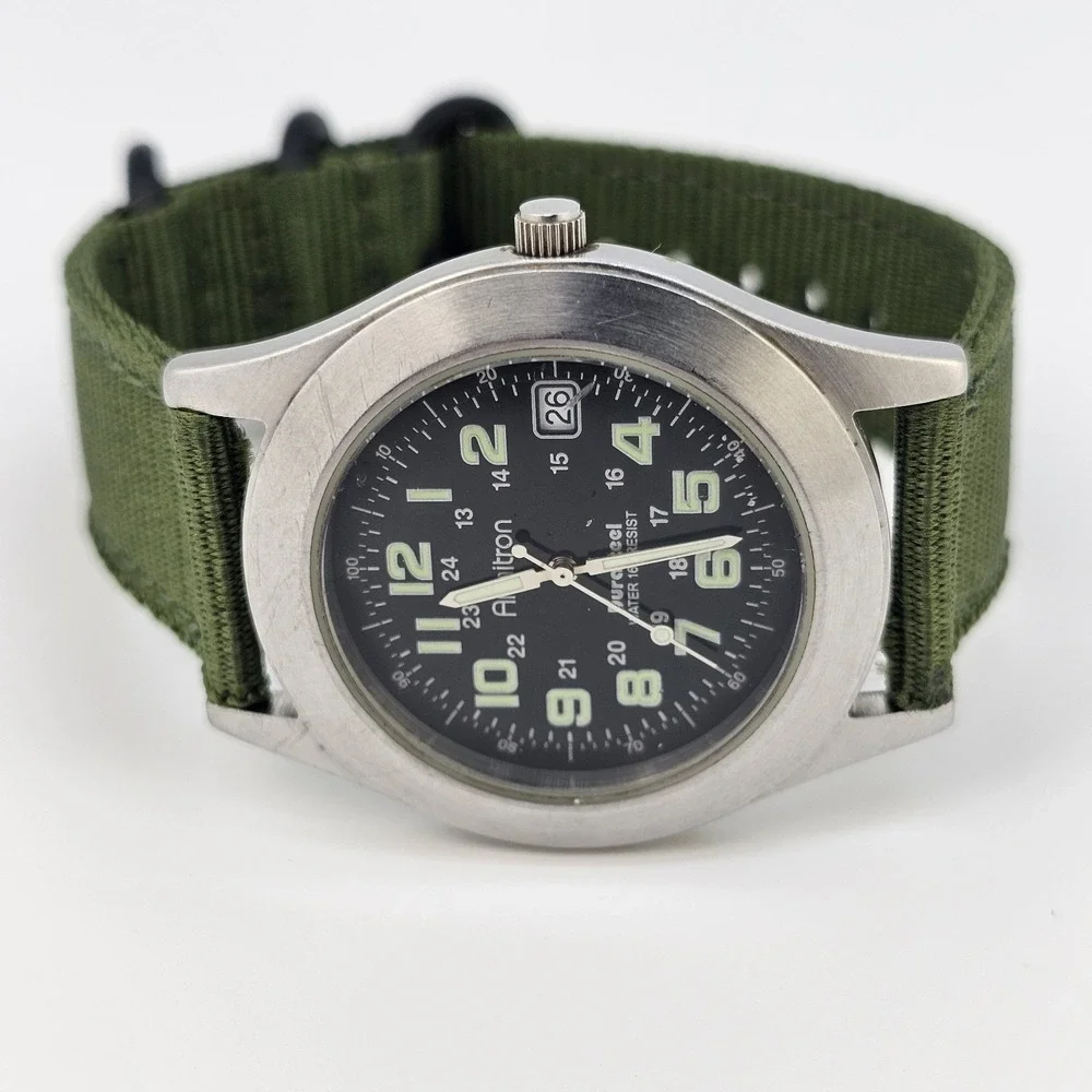 Armitron Durasteel Field Men Watch 39MM Black‎ Dial Date NEW Green Bands Battery